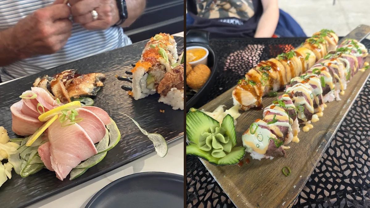Sushi rolls arranged on a clean restaurant table.