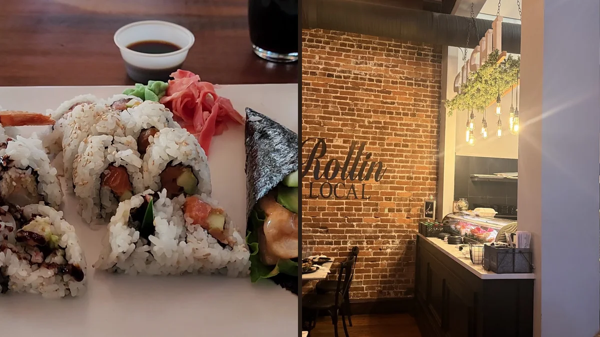 Sushi rolls arranged on a clean restaurant table.