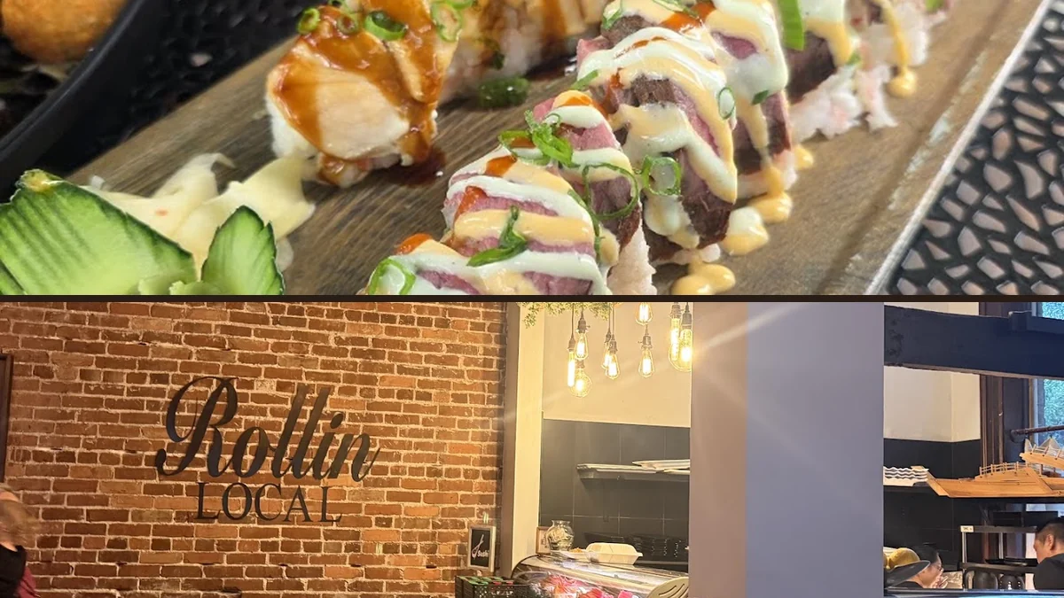 Sushi rolls arranged on a clean restaurant table.