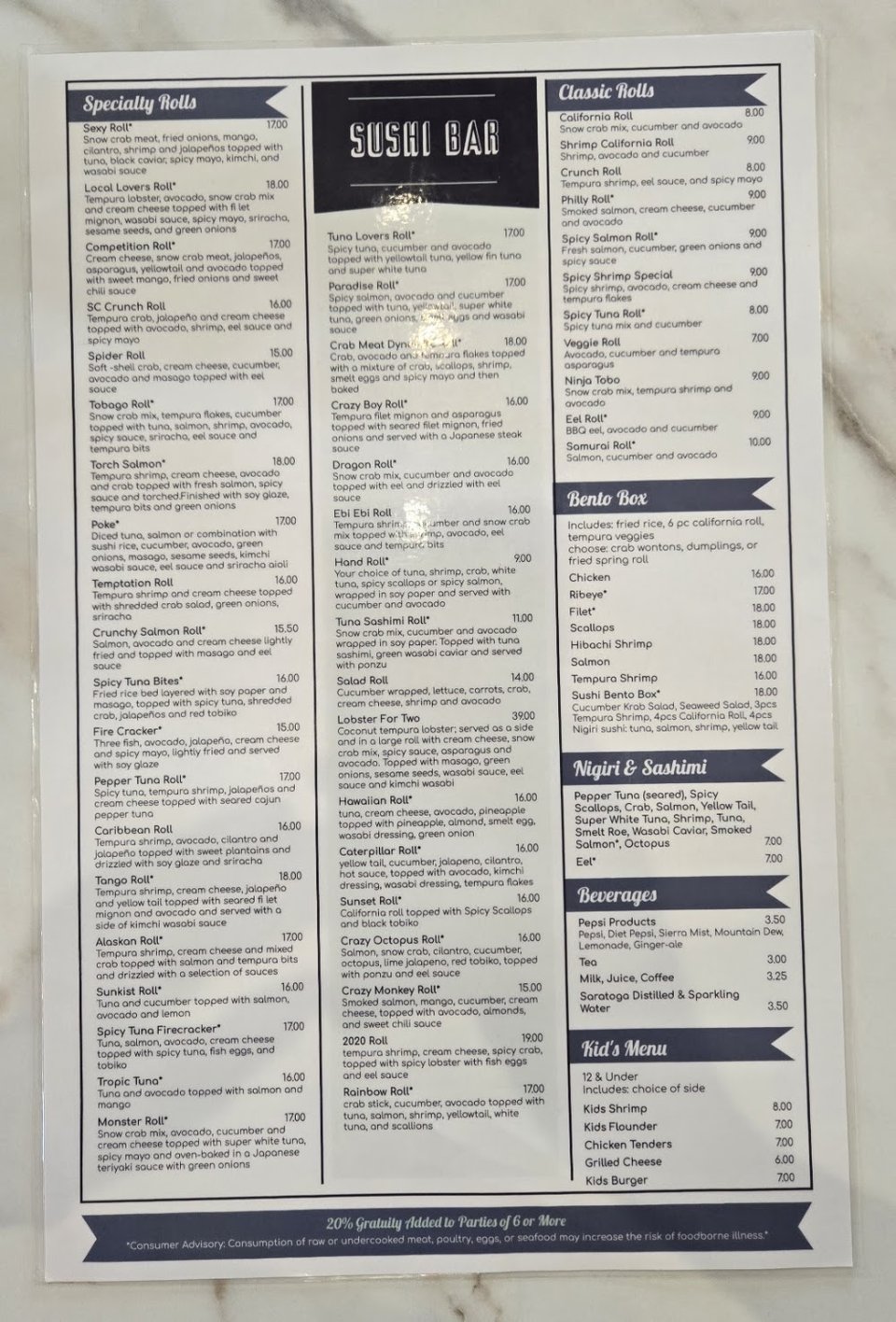 Shrimp basket, bento box, and hibachi lunch options.