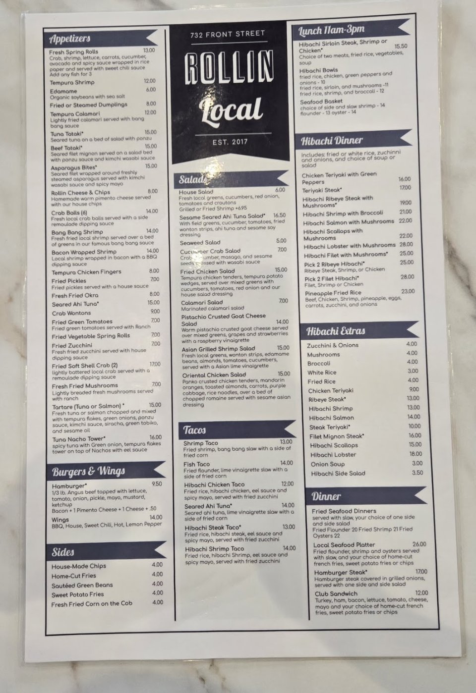 Restaurant menu page showing sushi and hibachi choices.